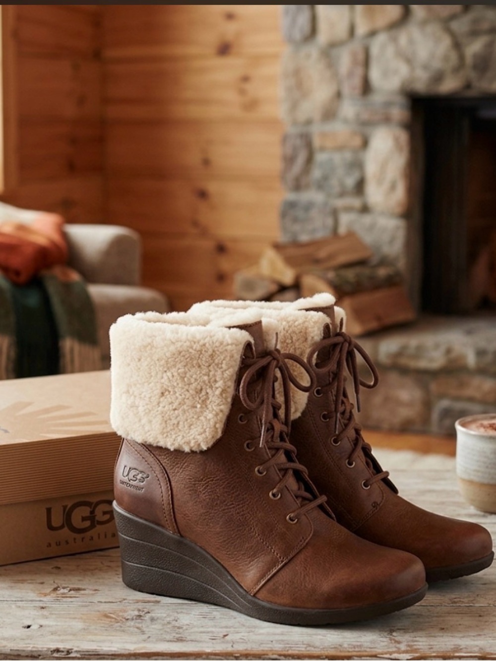 UGG Brown Suede Wedge Lace-Up Boots with Shearling Cuff